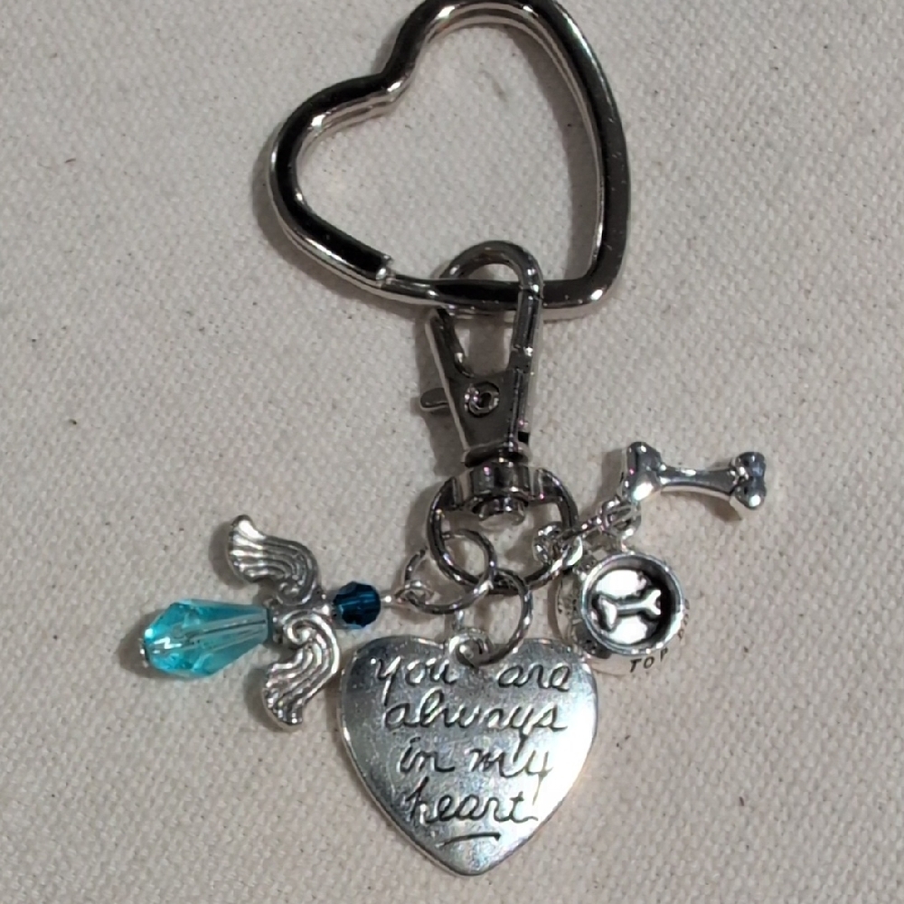 Dog & Angel Silver Heart Charm Keychain